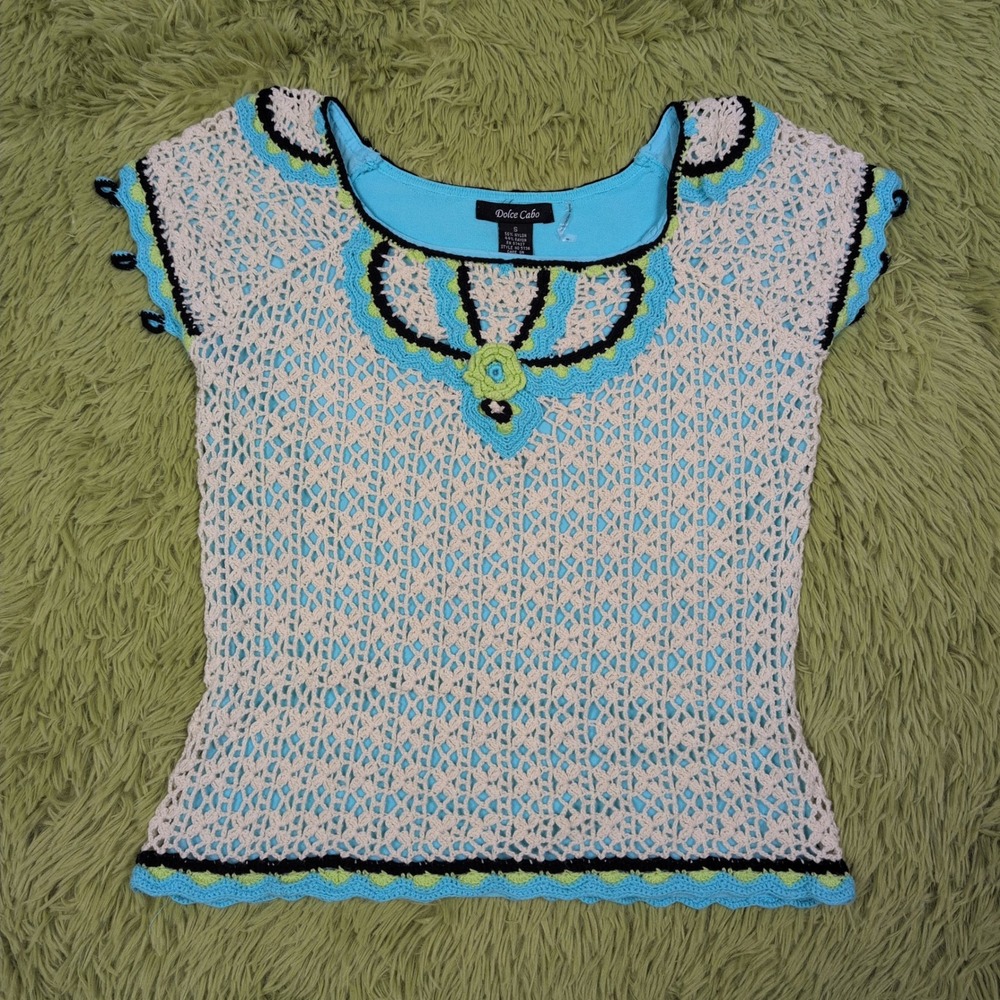 Dolce Cabo Y2K boho Crochet‎ Knit Top Colorful Trim Short Sleeve Shirt Size S